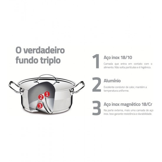 Caçarola Funda 20cm 3,6 Litros Professional Em Aço Inox Tramontina Fundo Triplo Com Tampa Plana Detalhe Satinado